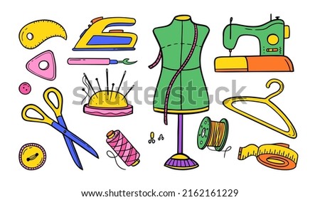 Needlework sewing knitting a large set of bright multicolored elements Hand made Vector illustration on a white 