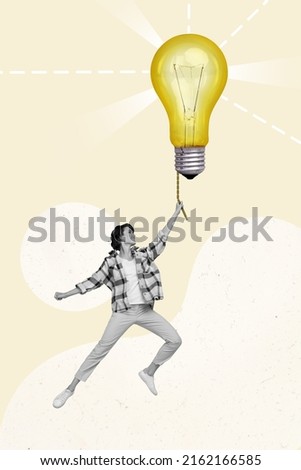 Photo cartoon pop sketch comics collage of beautiful lady black white visual effect flying bulb clouds isolated beige color background Royalty-Free Stock Photo #2162166585