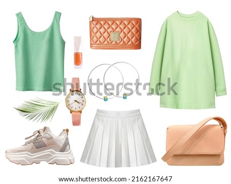 Spring summer female clothes set isolated on white. Green orange colors women clothing. Fashion light apparel collection. Collage of girl's wear. Royalty-Free Stock Photo #2162167647
