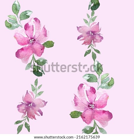 Set of watercolor design elements watercolor flowers, pink flowers, leaves, branches, illustration isolated on white background.