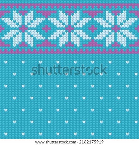 Seamless winter vector pattern with bright jacquard ornament, blue and pink knitted christmas sweater made of wool background textured illustration