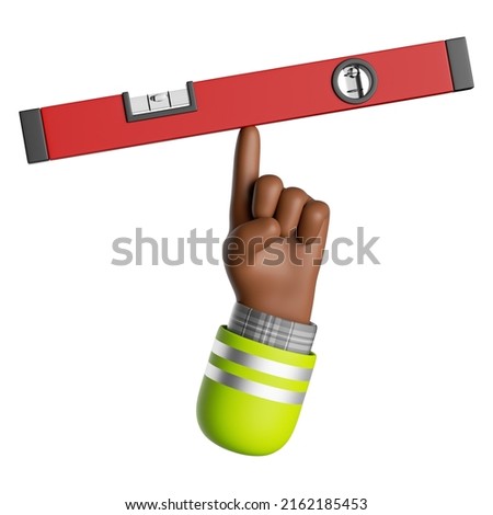 3d render, red level tool balancing on finger of cartoon african human hand with dark skin. Professional builder. Construction icon. Renovation service clip art isolated on white background
