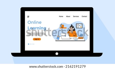 Online learning page on your laptop screen. Distance learning. Girl studying with computer. Vector illustration