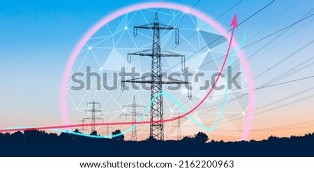 Energy security. The increase in the cost of electricity. A high-voltage power line surrounded by a neon dome with a graphic image of increasing arrows on a polygonal background.