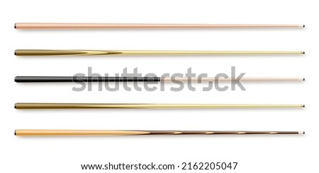 Various wooden billiard cues isolated on white background. Snooker sports equipment. Vintage pool cue. Active recreation and entertainment. Vector illustration