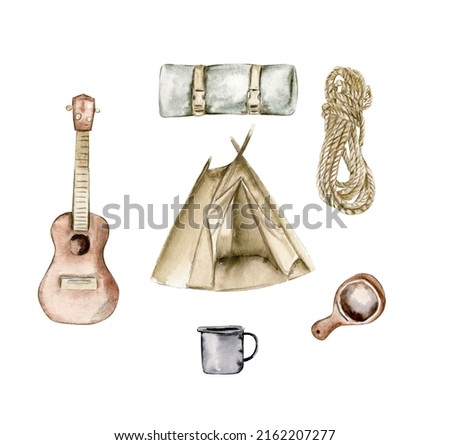 Watercolor set for traveling, guitar, tent, rope, sleeping bag