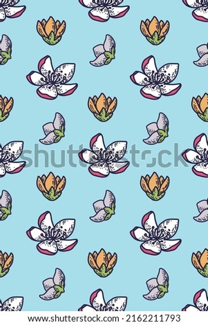 Seamless pattern with apricot tree blossom and magnolia flowers in cute cartoony stile and fresh and bright colors on blue background.
