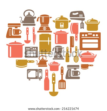Kitchen Utensils and Appliances Icons in Heart Shape