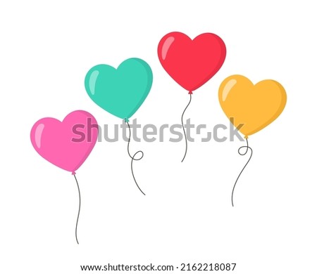 Balloon heart. Hearts of balloons in flat style. Bunch of balloons for love, birthday and party. Flying ballon with rope. Balls isolated on white background. Icons for celebrate and carnival. Vector.