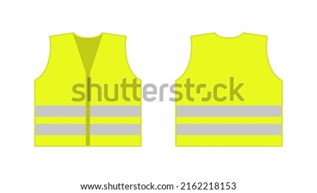 Vis vest. Visible jacket. Yellow visible vest for safety. Jacket for construction, police and security. High visibility of waistcoat. Reflective uniform for protection. Vector. Royalty-Free Stock Photo #2162218153