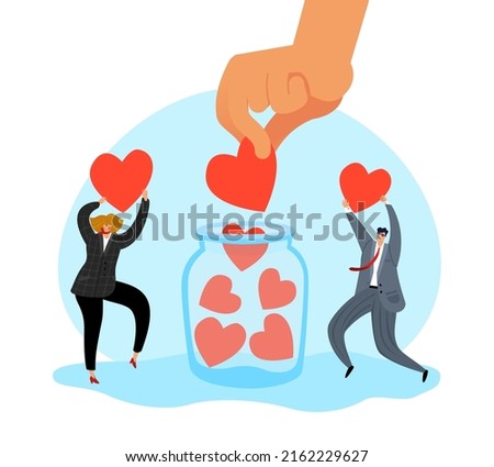 Charity. Support people, social donations, man and woman volunteers put heart in jar, team help and sharing hope, altruism and solidarity, global community vector cartoon flat concept