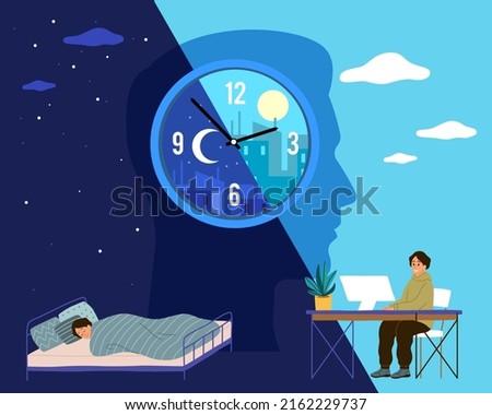 Human biological clock. Time for sleep and work, man in bed at night and working at computer during day, healthy lifestyle. Harmonious circadian rhythm, vector cartoon flat concept Royalty-Free Stock Photo #2162229737