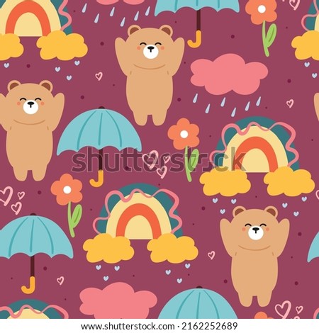 seamless pattern cute cartoon bear, rainbow, umbrella and purple sky