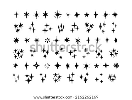 Hand drawn stars silhouette vector collection. Firework sparkles icons set isolated on white. Decoration flicker, flash magic symbol.
