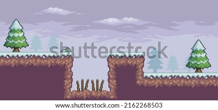 Pixel art game scene in snow with pine trees, trap and clouds 8bit background
