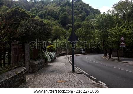 Road bordered by trees in a residential area in the outskirt of an italian town Royalty-Free Stock Photo #2162271035