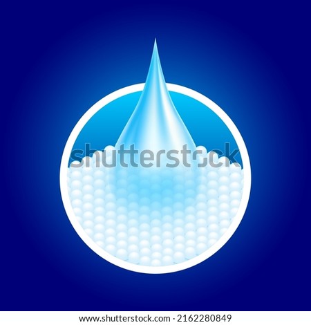 Water droplets flow through the absorbent pad close up. Used for advertising diapers and sanitary napkins. Sponge pads and hygroscopic tablets offering soft comfort. On a blue background vector. Royalty-Free Stock Photo #2162280849
