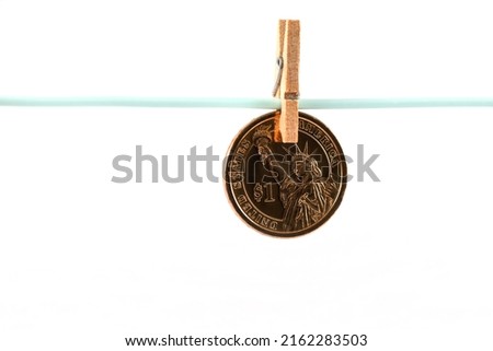1 American dollar coin fastened with a clothespin on a clothesline on a white background
