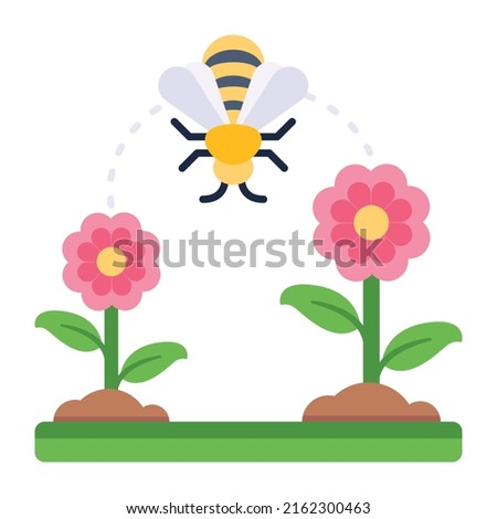 Butterfly over flowers, flat icon of a garden

