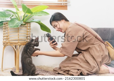 Pet lover concept, Young Asian woman using smartphone to take a picture of the cat in living room.