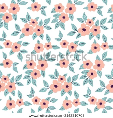 Cute floral print with pink flowers, blue leaves on a white background. Seamless pattern, modern botanical surface design with simple hand drawn plants. Vector illustration.