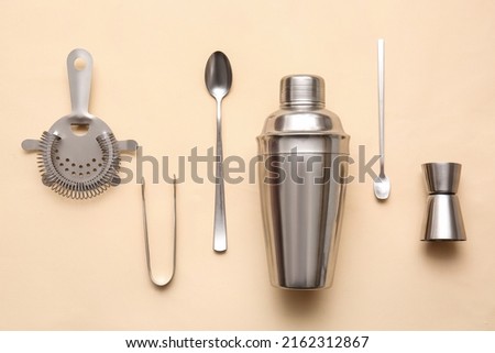 Bartender kit on color background Royalty-Free Stock Photo #2162312867