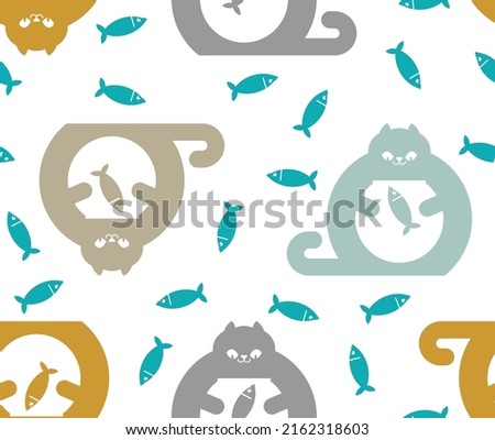 Cat and aquarium pattern seamless. Cat watching fish in aquarium background. Baby fabric texture
