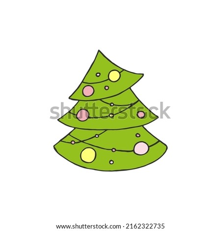 A hand-drawn christmas tree. Colored vector illustration in doodle style. Winter mood. Hello 2023. Merry Christmas and Happy New Year. Green tree with a yellow and pink toys on a white background. 