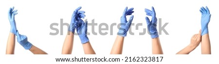 Set of hands in medical gloves isolated on white Royalty-Free Stock Photo #2162323817