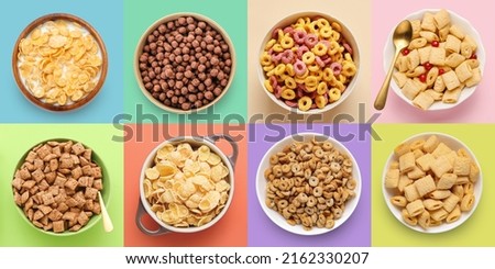 Set of different tasty breakfast cereals on colorful background, top view Royalty-Free Stock Photo #2162330207