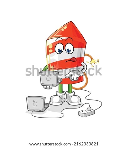 the fireworks rocket with laptop mascot. cartoon vector