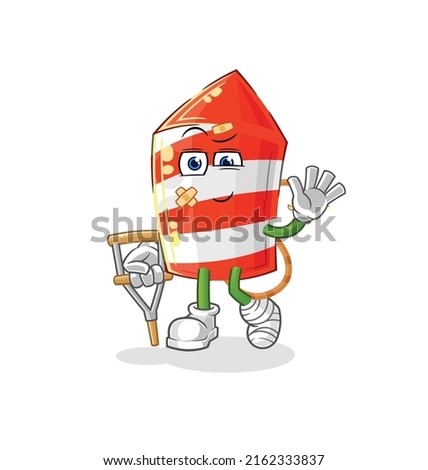the fireworks rocket sick with limping stick. cartoon mascot vector