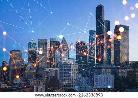 Illuminated aerial cityscape of Seattle, downtown at night time, Washington, USA. Social media hologram. Concept of networking and establishing new people connections Royalty-Free Stock Photo #2162336893