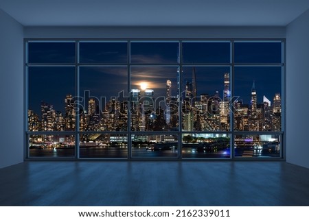 Midtown New York City Manhattan Skyline Buildings from High Rise Window. Beautiful Expensive Real Estate. Empty room Interior Skyscrapers View Cityscape. Night time. west side. 3d rendering. Royalty-Free Stock Photo #2162339011