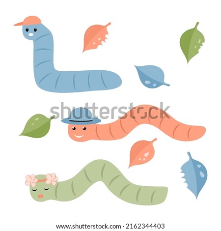 Set cartoon caterpillar with pears, apples and leaves. Funny characters. Vector illustration 