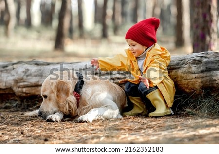 Little girl child with golden retriever dog sitting on the ground close to log and going to hug doggie in autumn forest. Female kid and pet portrait at nature Royalty-Free Stock Photo #2162352183