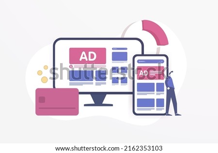 Successful native in-feed advertising campaign strategy. Refund and return rate concept. Inbound online marketing with programmatic social network advertising on the smartphone and desktop display Royalty-Free Stock Photo #2162353103