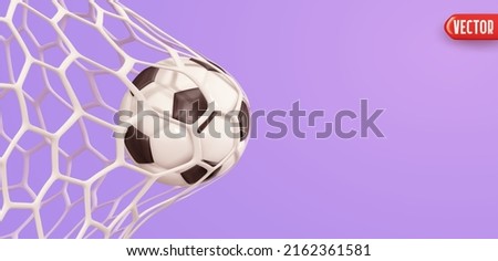 Soccer ball in the goal grid. Realistic 3d cartoon style design. Creative concept idea of Championship football season. Lilac purple Background with Soccerball isolated object. vector illustration.