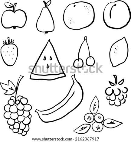 Fruits and berries black and white line art hand drawn clip art. Cute harvest silhouette doodle collection, dessert, organic sweet set for cooking, market, kitchen and farm