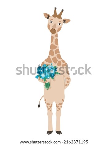 Giraffe holding bouquet of flowers. Animal in cartoon style.