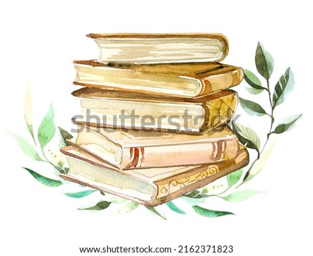 Vintage books stacks and open books. Watercolor hand painted school concept illustration. Book lover design. Education themed clipart.