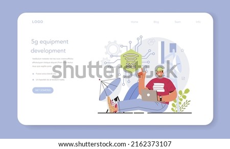 5G network architect web banner or landing page. 5G wireless network equipment development and construction. Modern wireless technology for faster internet connectivity. Flat vector illustration
