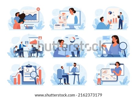 Expert concept set. Professional business adviser provides solutions for business. Expertise and corporate consultancy. Idea of strategy management and troubleshooting. Flat vector illustration Royalty-Free Stock Photo #2162373179