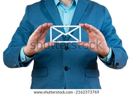 Businessman hand holding e-mail icon lette, postal envelope, concept of spam email, internet and networking, Contact us newsletter email and protect your personal.