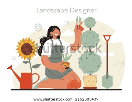 Landscape designer concept. Idea of gardening and yard designing. Character trimming trees and planting flowers. Special tool for work, shovel and flowerpot, hose. Isolated flat illustration