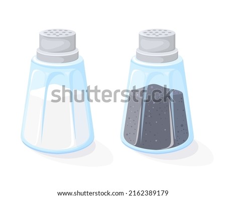 Cartoon salt pepper shakers. Condiment shaker for kitchen cooking, bottle black seasoning white spice powder food ingredients saltshaker cookery container, neat vector illustration Royalty-Free Stock Photo #2162389179