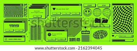 Old computer aestethic. Retro pc elements, user interface, operating system, windows, icons, smile in trendy y2k rave retro style. Sticker pack of retro pc illustrations. Nostalgia for 1990s -2000s. Royalty-Free Stock Photo #2162394045