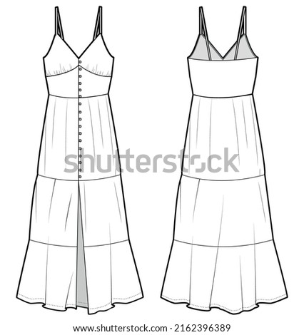 front button tiered strap maxi dress, strap maxi tiered dress, empire line strap dress Front and Back View. Fashion Illustration, Vector, CAD, Technical Drawing, Flat Drawing.	 Royalty-Free Stock Photo #2162396389