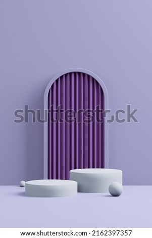 Front view of purple 3D podium with doorway and white geometric abstract background 