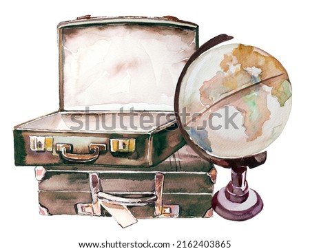 Suitcases pile and globe illustration. Watercolor hand painted travel concept design. Tourist themed graphics. Adventure clipart. Journey concept painting.